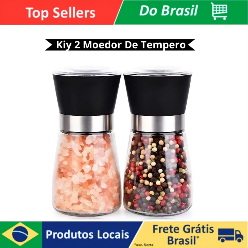 Kit 2 Moedor Triturador De Temperos, Sal, Pimenta E Especiarias De Vidro e Inox