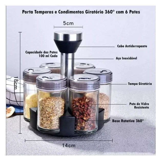 Porta Condimentos e Temperos Cozinha Giratório - Suporte com 6 Potes em Vidro