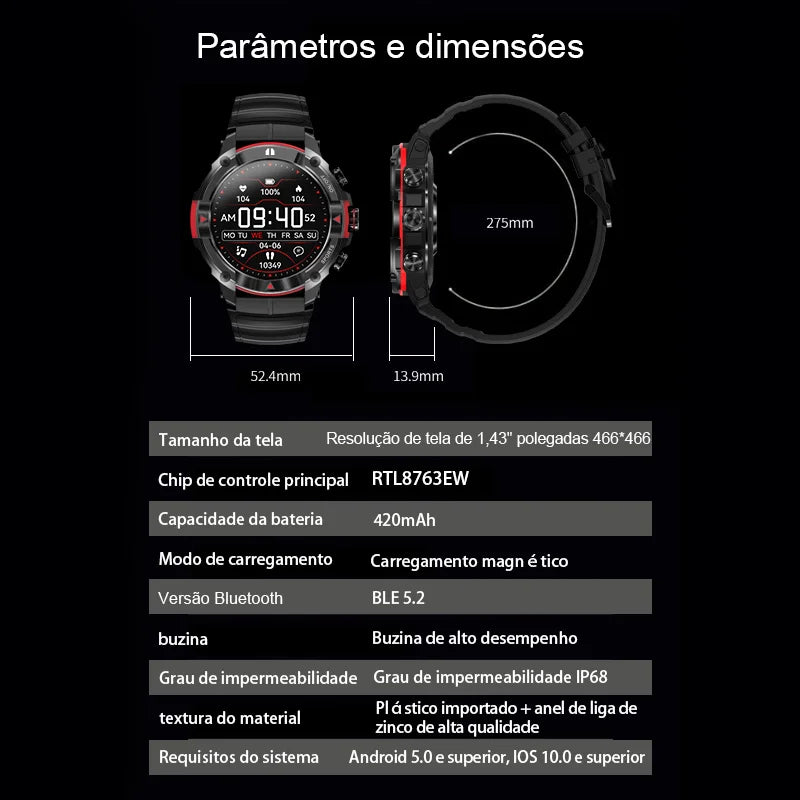 Smartwatch Masx Mos II Display AMOLED para homens, 1,43&#39;&#39;, chamadas Hi-F