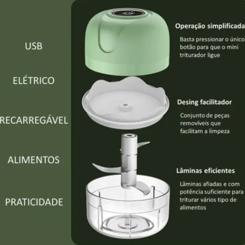 Mini Processador Elétrico de Alimentos Portátil c/ 3 lâminas de Aço Inox USB