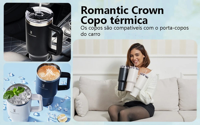 Romantic Crown Copo isolado de aço inoxidável 304, copo com canudo,Copo Termic
