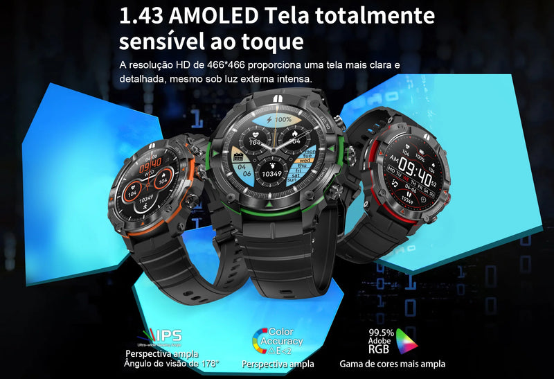 Smartwatch Masx Mos II Display AMOLED para homens, 1,43&#39;&#39;, chamadas Hi-F