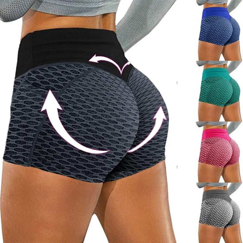 Novas mulheres de cintura alta favo de mel yoga shorts sem costura treino elást