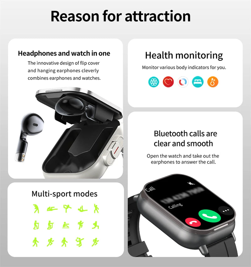 2024 relógio inteligente 2 em 1 com fone de ouvido smartwatch bluetooth chamada