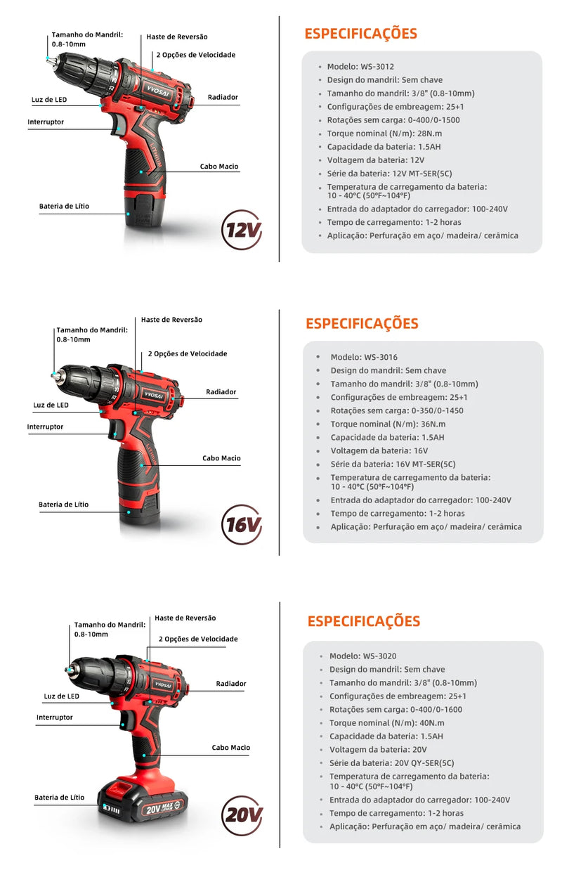 VVOSAI 12/16/20V Furadeira sem fio recarregável Chave de fenda elétrica Bateri