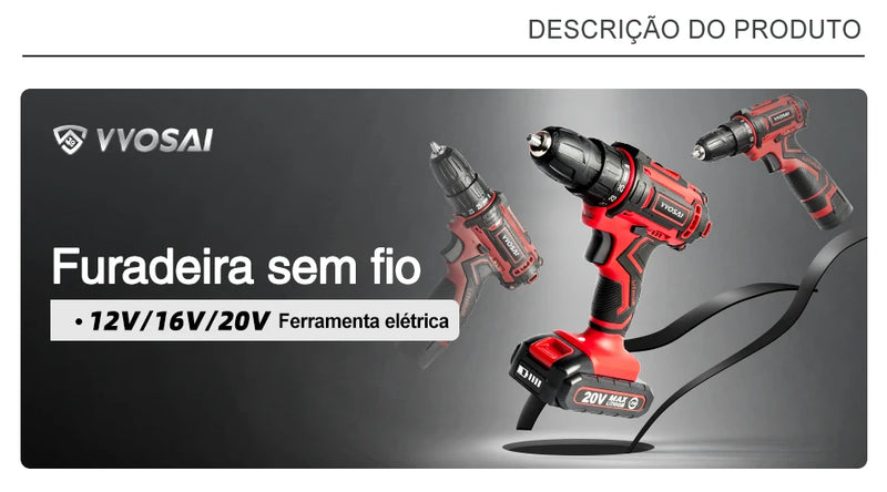 VVOSAI 12/16/20V Furadeira sem fio recarregável Chave de fenda elétrica Bateri