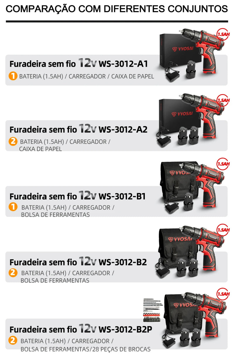 VVOSAI 12/16/20V Furadeira sem fio recarregável Chave de fenda elétrica Bateri