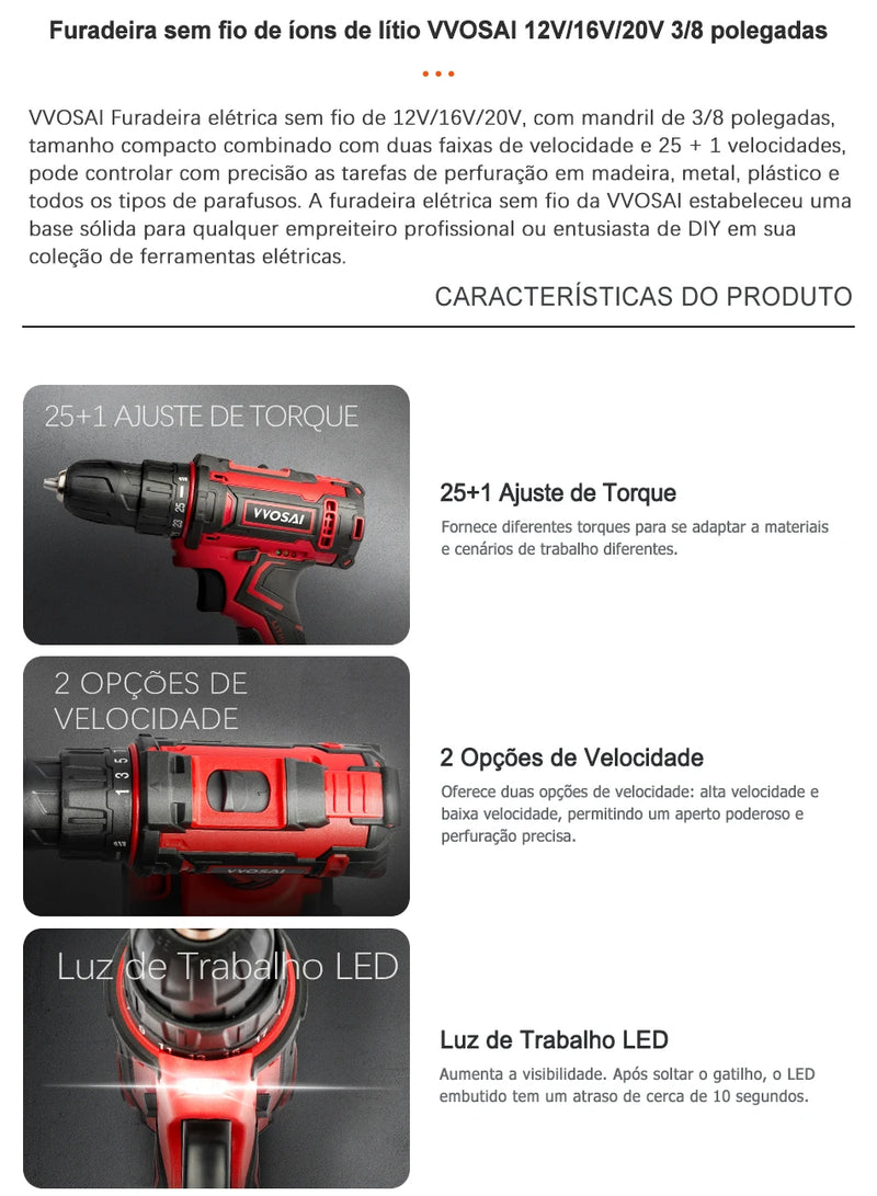 VVOSAI 12/16/20V Furadeira sem fio recarregável Chave de fenda elétrica Bateri