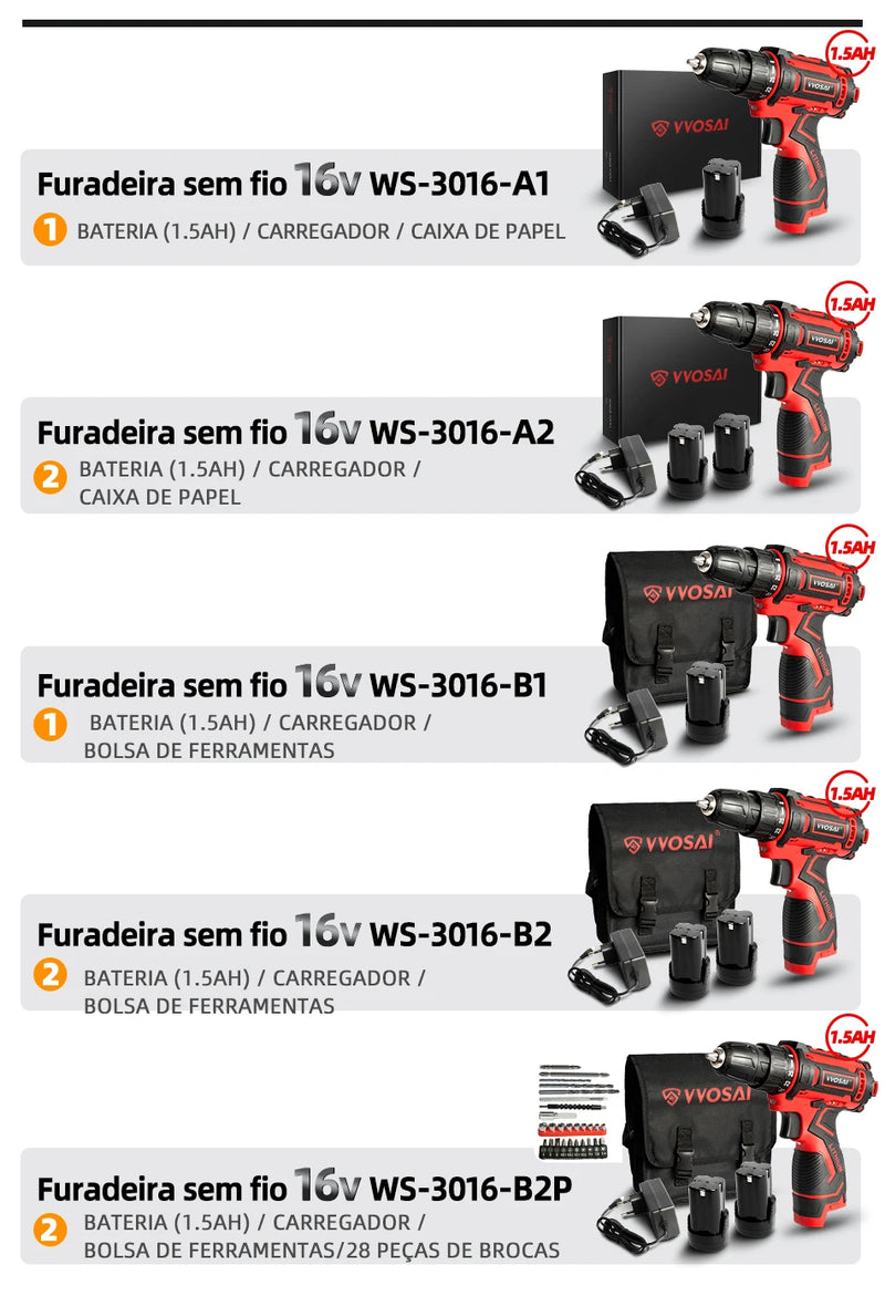 VVOSAI 12/16/20V Furadeira sem fio recarregável Chave de fenda elétrica Bateri