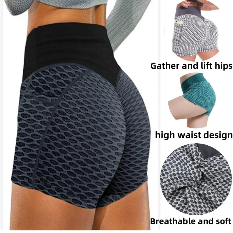 Novas mulheres de cintura alta favo de mel yoga shorts sem costura treino elást